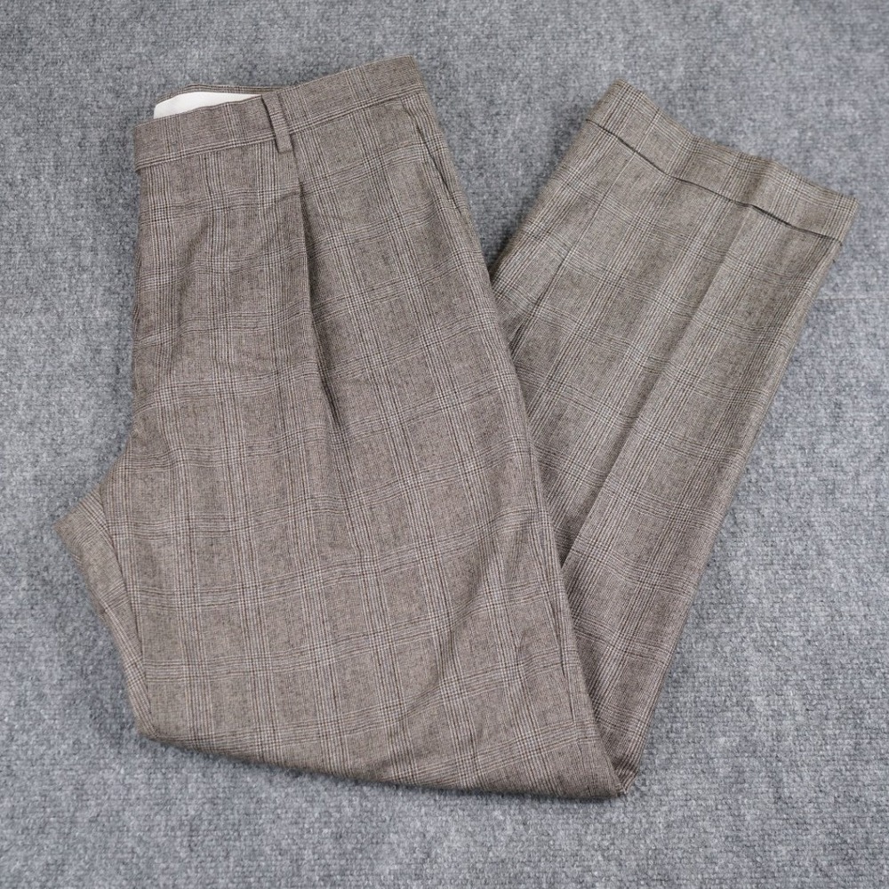Hart Schaffner Marx Dress Pants Men 35 Brown Glen Plaid Pleated 100% Wool Cuffed